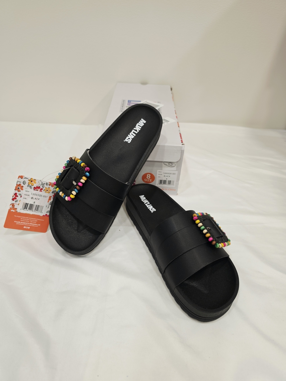 Muk Luks Grand Colette Black Slide Sandals with Colorful Beaded Buckles